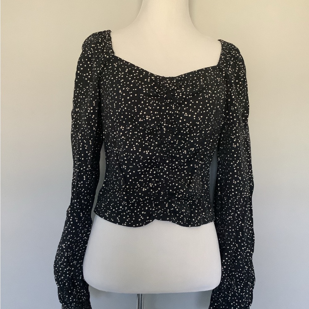 A New Day, Black + Gold Shirred Long Sleeve Cropped Top, Small, NWOT